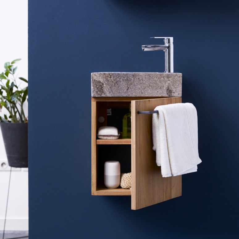 Stelle - Badunterschrank massivem Teakholz mit Marmor Waschbecken grey