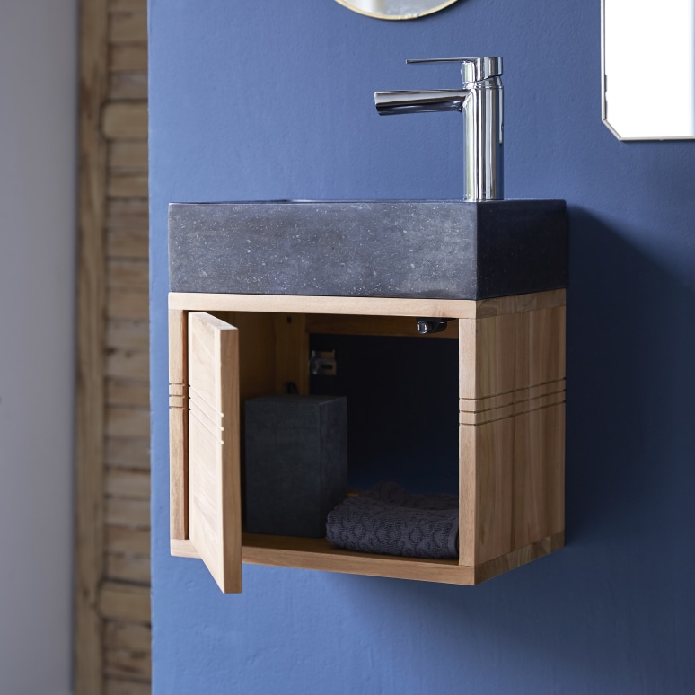 Basic - Mobile sottolavabo in teak massello con lavabo in marmo black