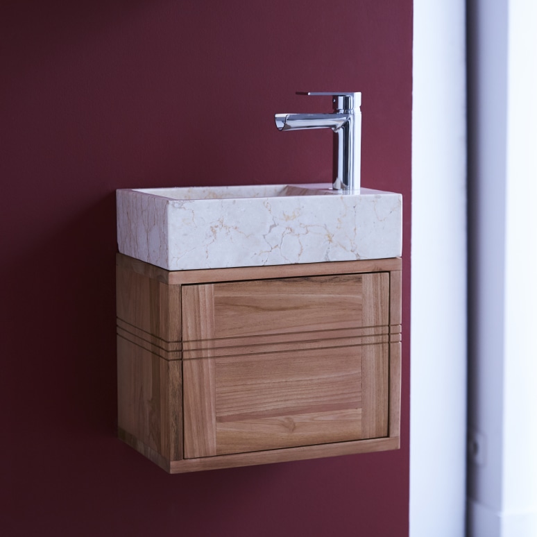 Basic - Badunterschrank aus massivem Teakholz und Marmor creme