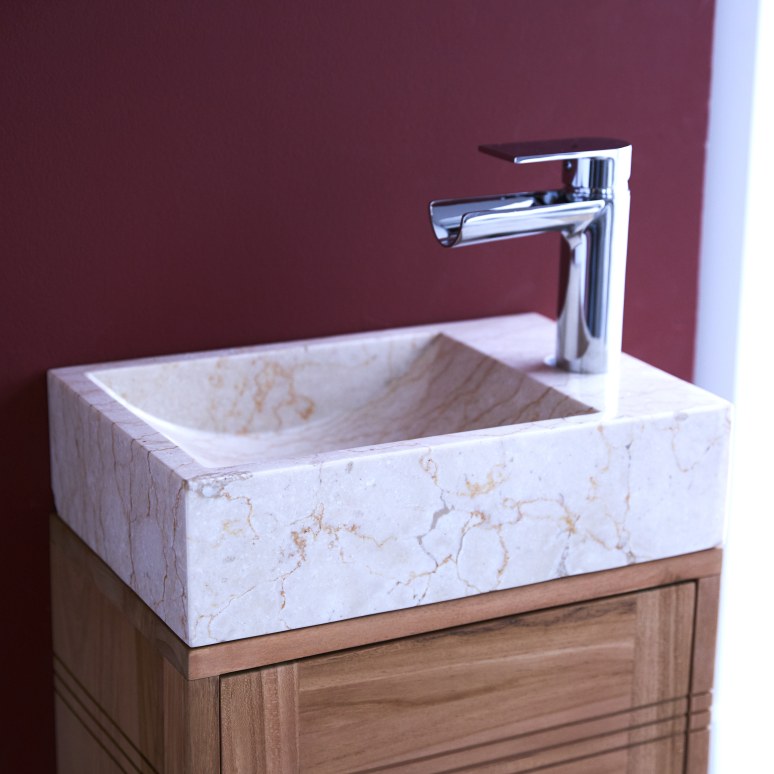 Basic - Solid Teak Compact Bathroom Vanity with Cream Marble Sink
