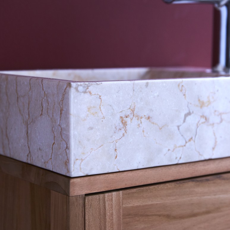Basic - Meuble Lave main en teck massif et marbre cream