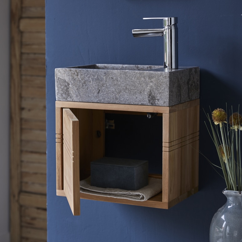 Basic - Mobile per il bagno in teak massello con lavabo in marmo grey