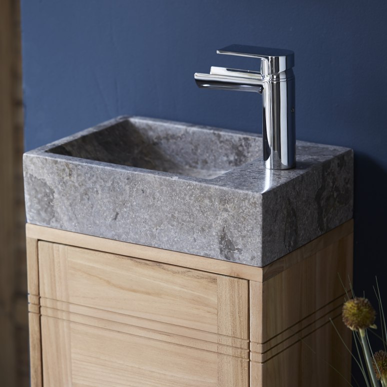 Basic - Badunterschrank massivem Teakholz mit Marmor Waschbecken grey