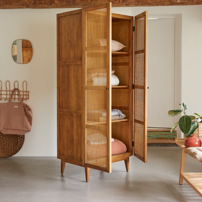 Ninon - Hallway wardrobe in pine and cane webbing