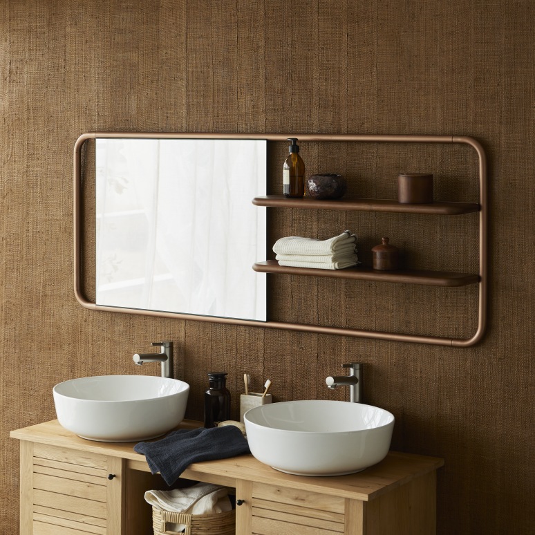 Félicie - Scaffale con specchio in legno di noce e ottone