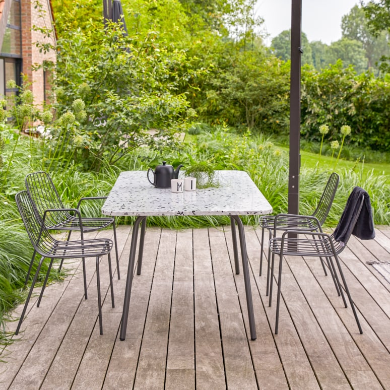 Elio - Rechthoekige tuintafel van premium terrazzo en grijs metaal voor 4/6 personen