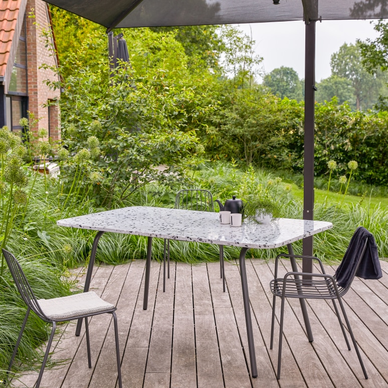 Elio - Tavolo rettangolare da giardino in battuto di terrazzo premium e metallo grey, 4-6 persone