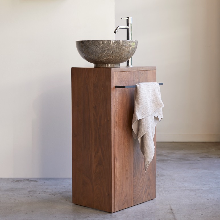 Stelle - Right-side solid walnut under-basin unit.