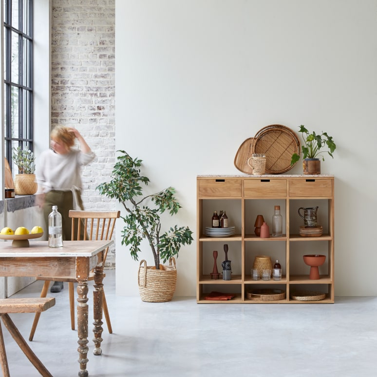 Miho - Low solid teak bookcase with premium pink terrazzo