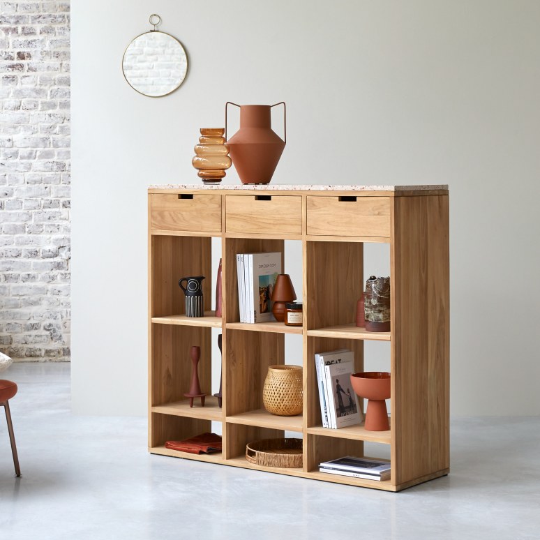 Miho - Low solid teak bookcase with premium pink terrazzo