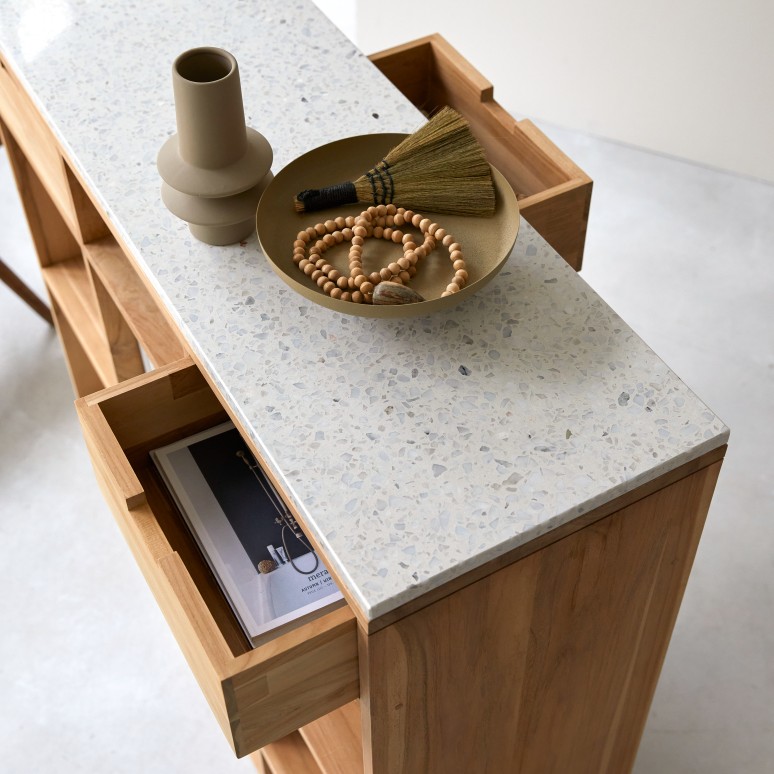 Miho - Konsole aus massivem Teak mit Premium-Terrazzo White