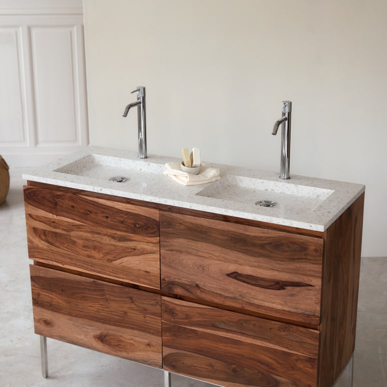Nova - Meuble Salle de Bain en palissandre massif et terrazzo premium Moon 120