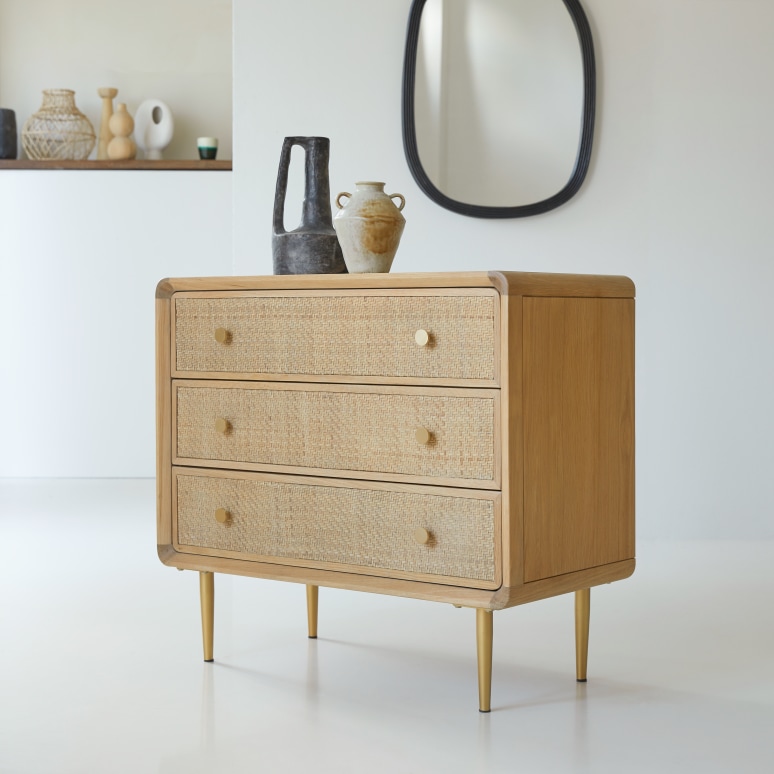 Come - Chest of drawers in solid oak and cane