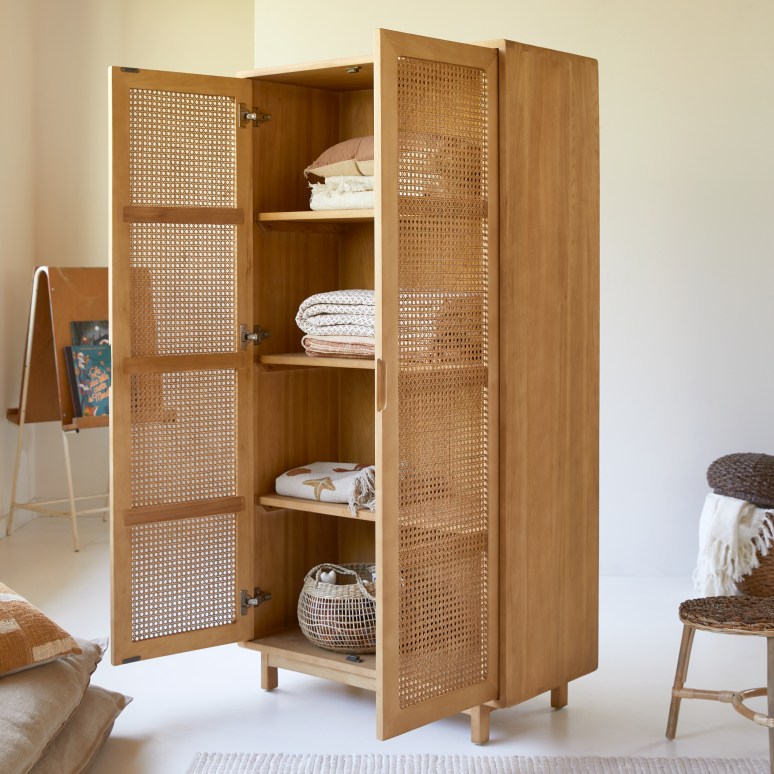 Luis - Garderobenschrank aus Massivulme und Geflecht