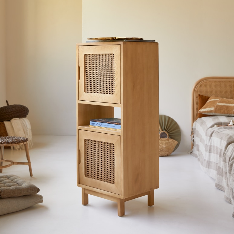 Luis - Low children’s bookcase in solid elm and rattan