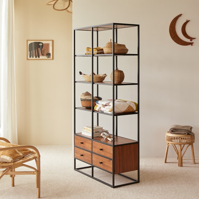Agra - Children's metal and solid acacia bookcase