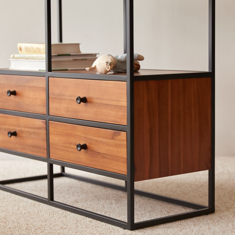 Agra - Libreria per bambini in legno di acacia massello e metallo