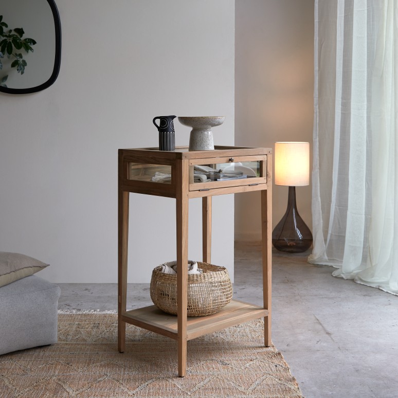 Inès - Bijzettafel van gerecycled massief teakhout en glas