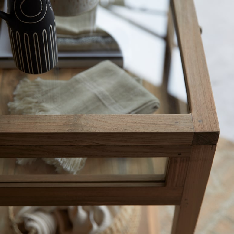 Inès - Bijzettafel van gerecycled massief teakhout en glas