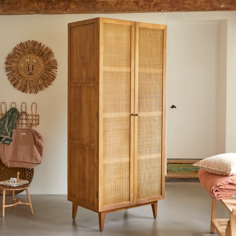 Ninon - Armadio per bambini in legno di pino e rattan