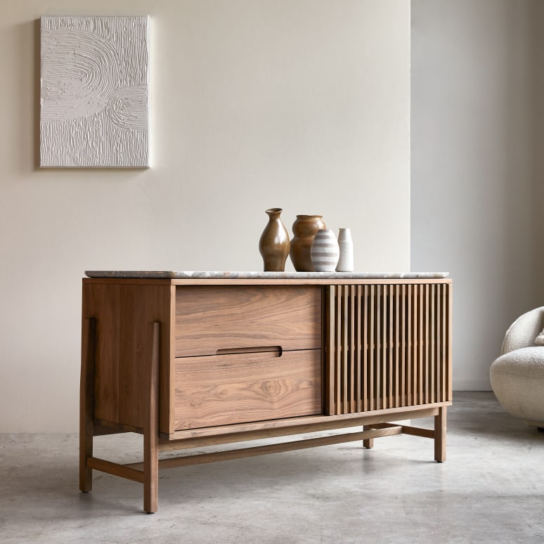 Isaure - Aparador de nogal macizo y terrazo prémium de 140 cm