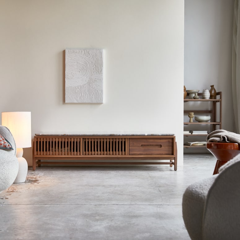 Mobile TV in legno di noce massello e battuto di terrazzo premium 175 cm