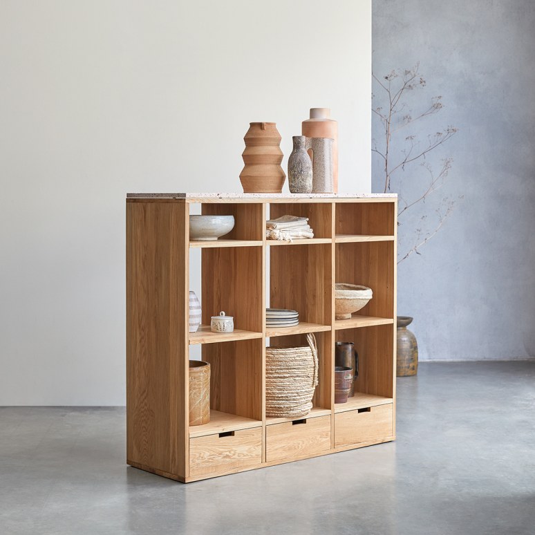 Miho - Solid Oak and Pink Premium Terrazzo Low Bookcase