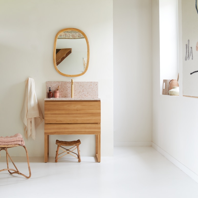 Edgar - Meuble Salle de Bain en teck massif et terrazzo premium Pink 80 cm