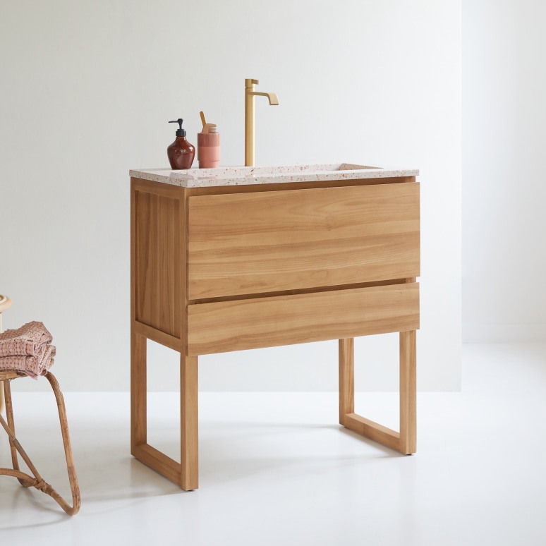 Edgar - Badkamermeubel van massief teakhout en roze premium terrazzo 80 cm