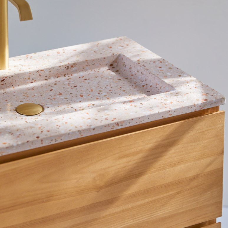 Edgar - Solid teak and premium pink terrazzo bathroom unit, 80 cm.