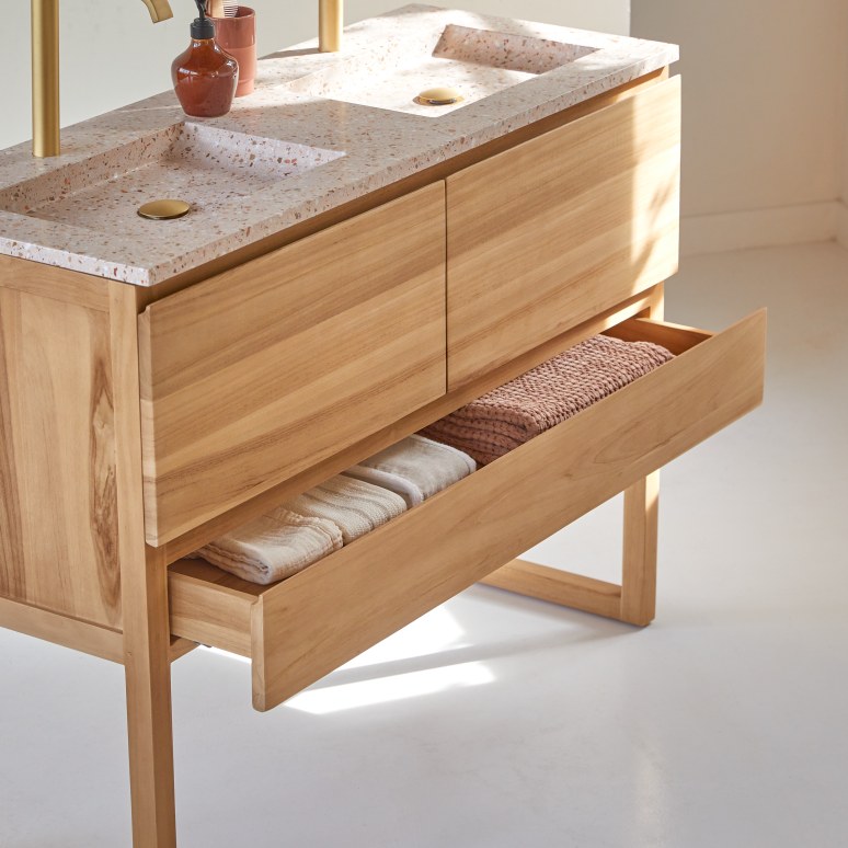 Edgar - Mobile per il bagno in teak massello e battuto di terrazzo premium pink 120 cm
