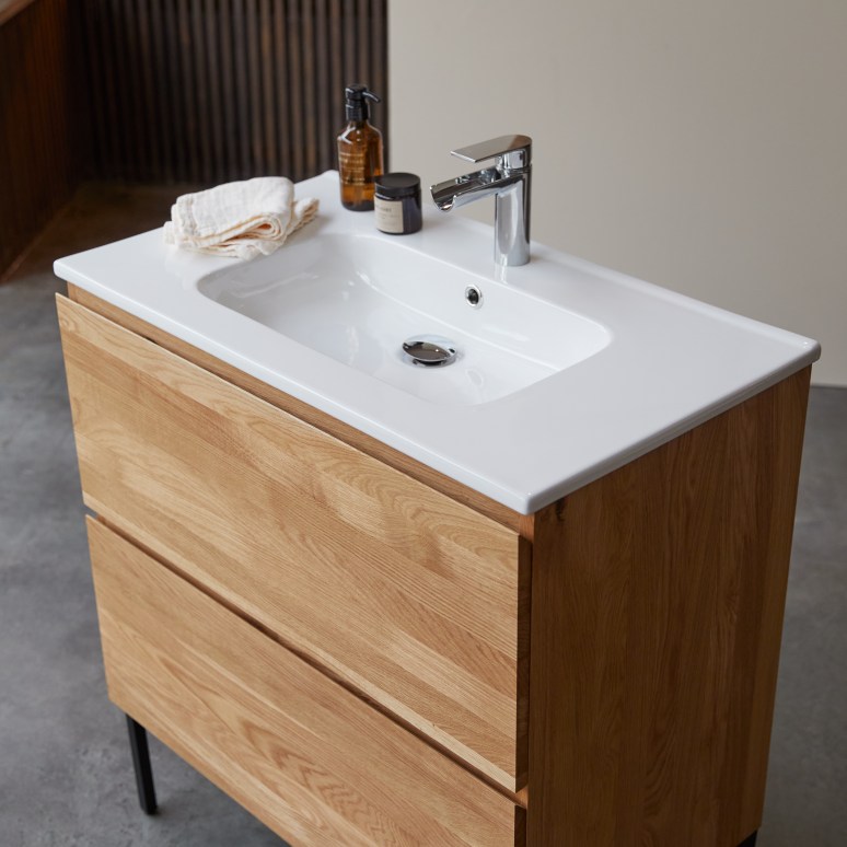 Nova - Mobile per il bagno in legno di quercia massello e ceramica 80 cm