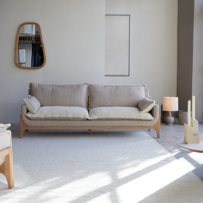 Woodnest - Solid Oak and Linen Fabric 3-Seat Sofa