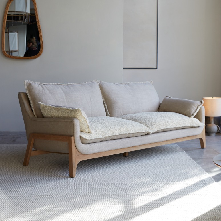Woodnest - Canapé en chêne massif et tissu Linen, 3 places
