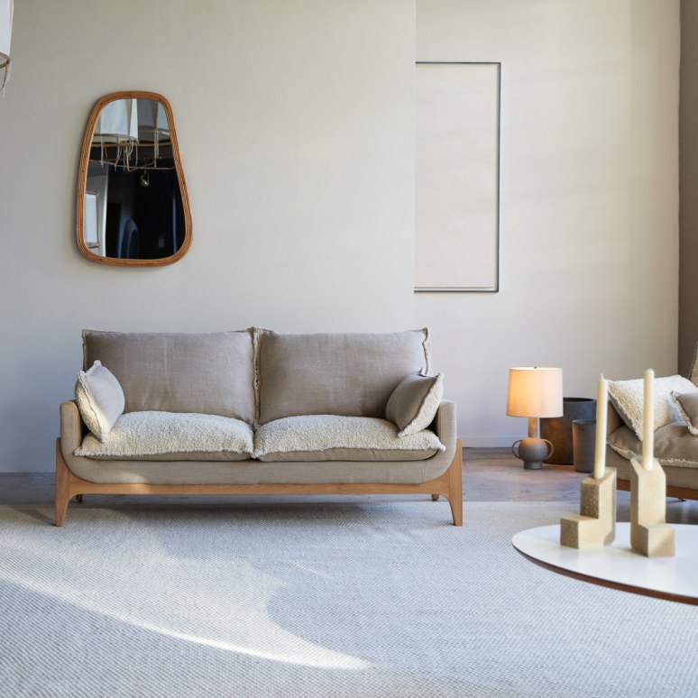 Woodnest - Canapé en chêne massif et tissu Linen, 2 places