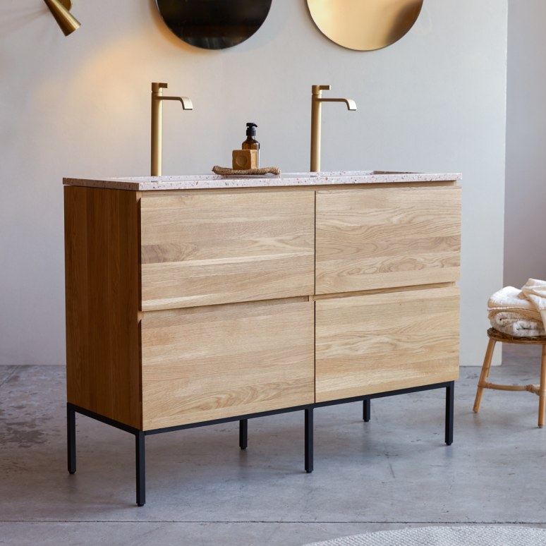 Nova - Vanity unit in solid oak and pink premium terrazzo 120 cm