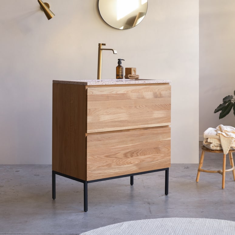 Nova - Vanity unit in solid oak and pink premium terrazzo 80 cm