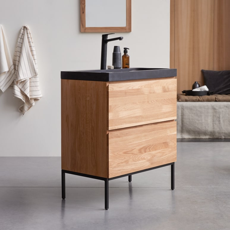 Nova - Solid oak and lava stone vanity unit 80 cm