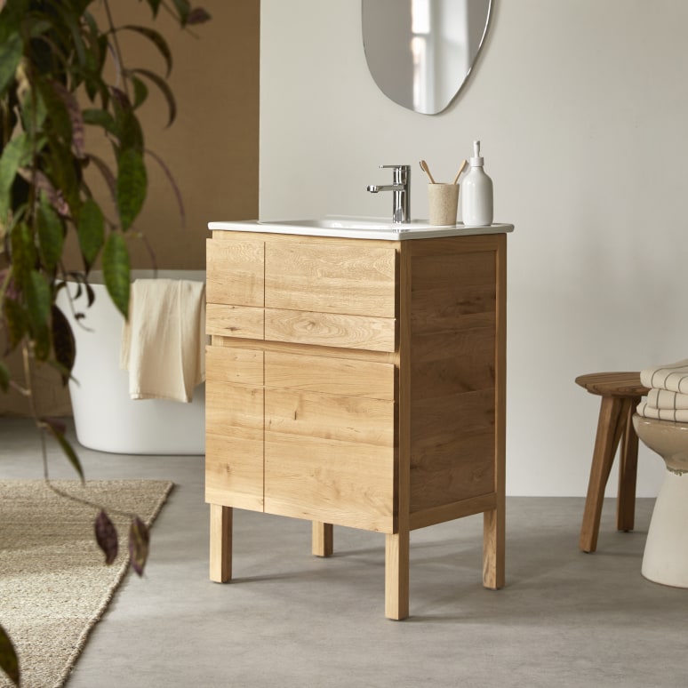 Easy - Mobile per il bagno in legno di quercia massello e ceramica 60 cm