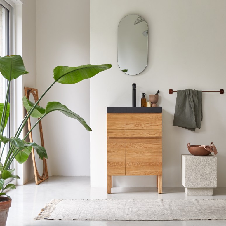 Easy - Solid oak and lava stone bathroom cabinet 60 cm