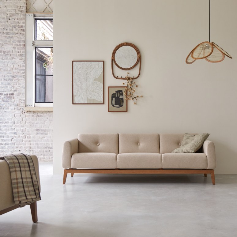Bjorn - 3-Sitzer-Sofa mit massivem Eichenholzgestell und Ecru-Wolle