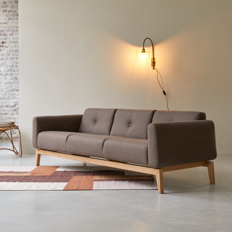 Bjorn - Solid oak and brown fabric 3-seater sofa