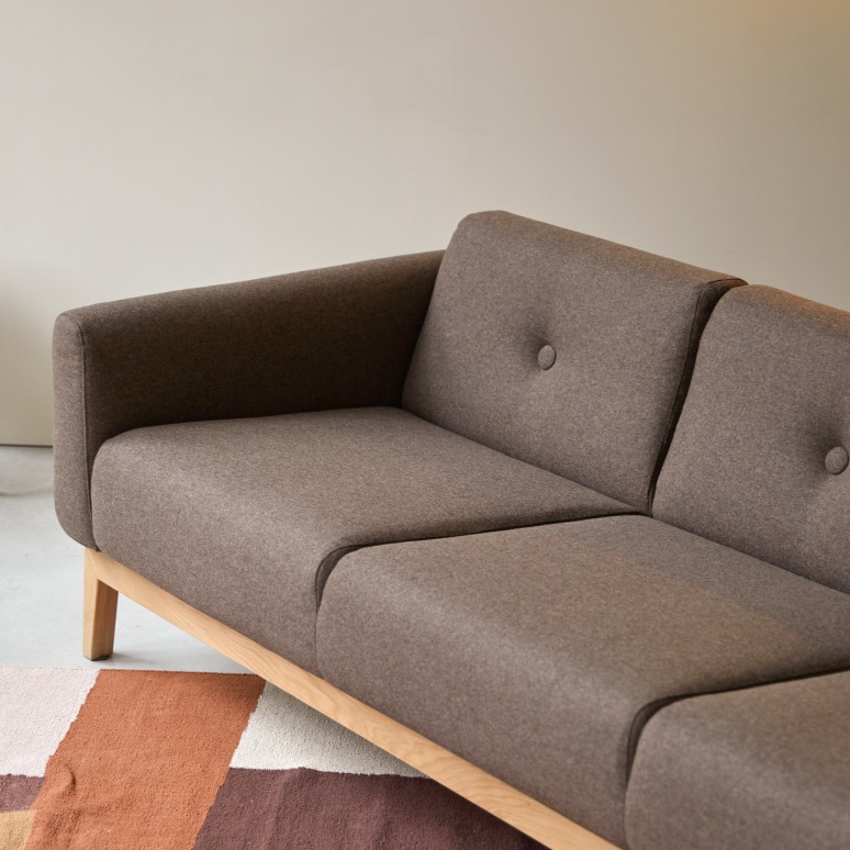 Bjorn - Solid oak and brown fabric 3-seater sofa