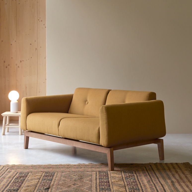 Bjorn - Solid oak and mustard fabric 2-seater sofa