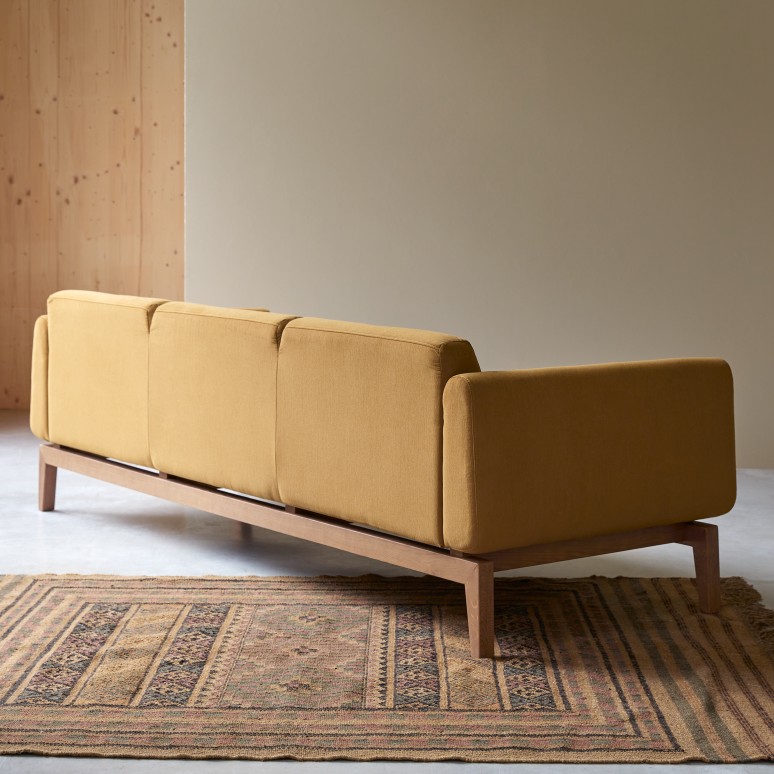 Bjorn - Solid oak and mustard fabric 3-seater sofa
