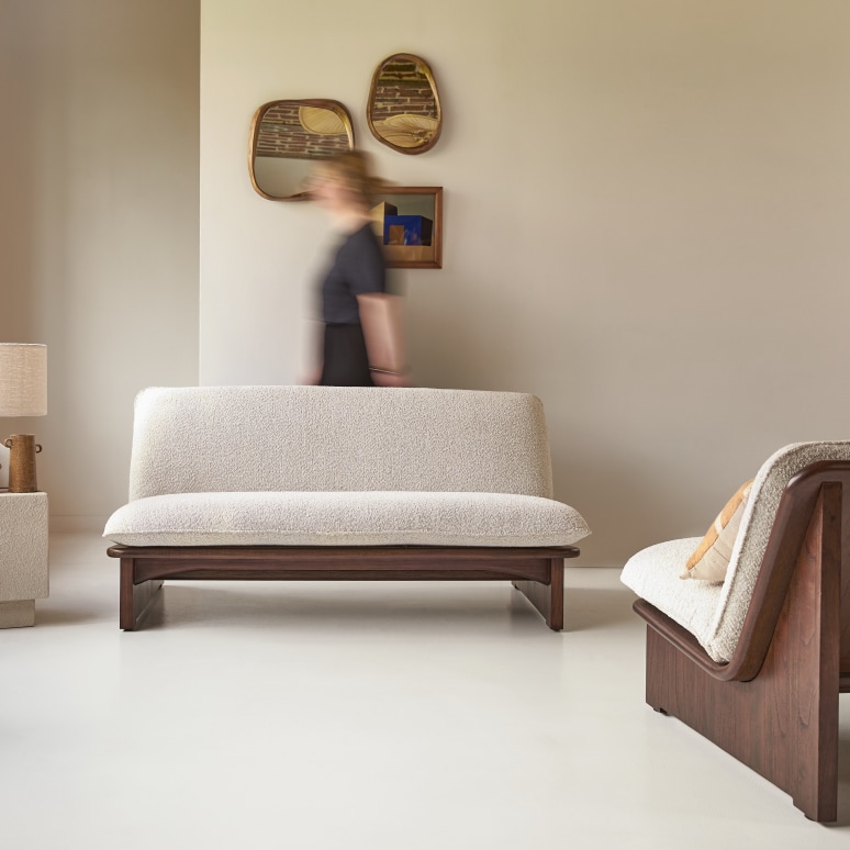 Folk - Banquette en mindi massif et tissu écru, 2 places