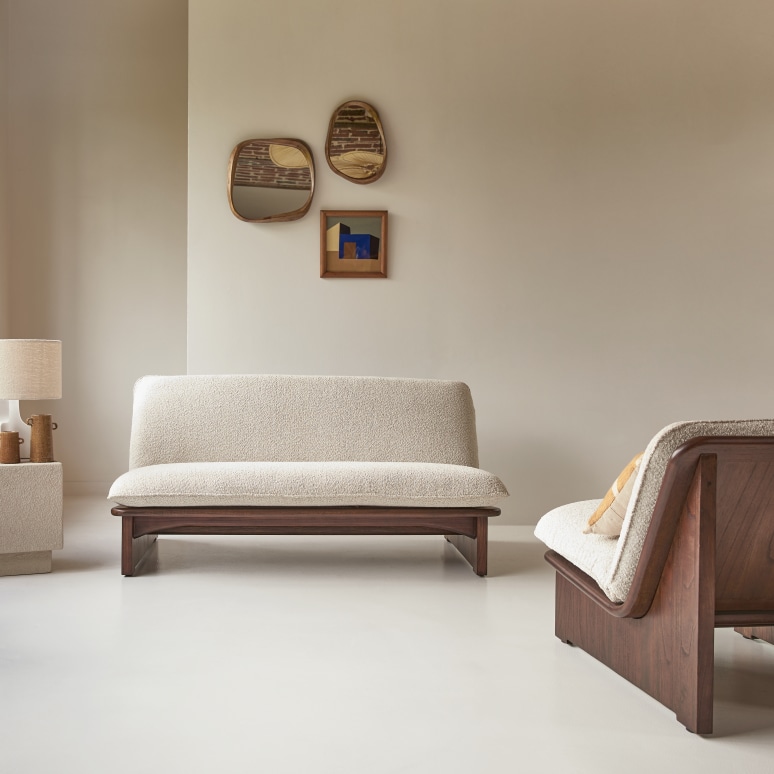 Folk - Banquette en mindi massif et tissu écru, 2 places