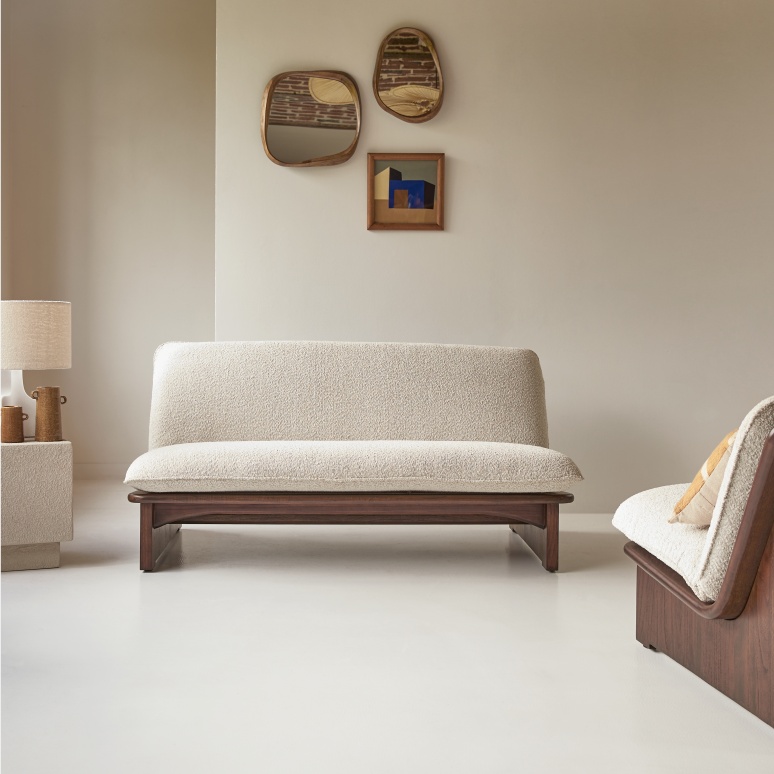 Folk - Banquette en mindi massif et tissu écru, 2 places