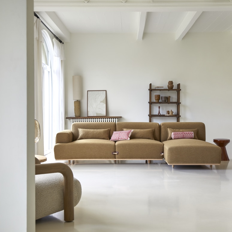 Duffle - Canapé d'angle droit en tissu marron et chêne 295 x 170 cm, 3 places