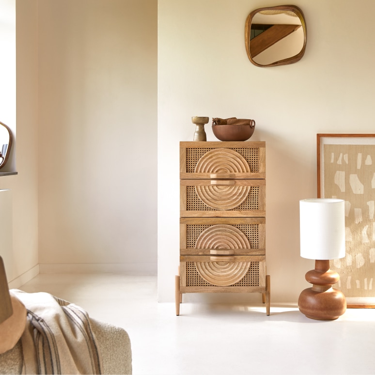 Sina - Solid Mango Wood and Rattan Chest of drawers
